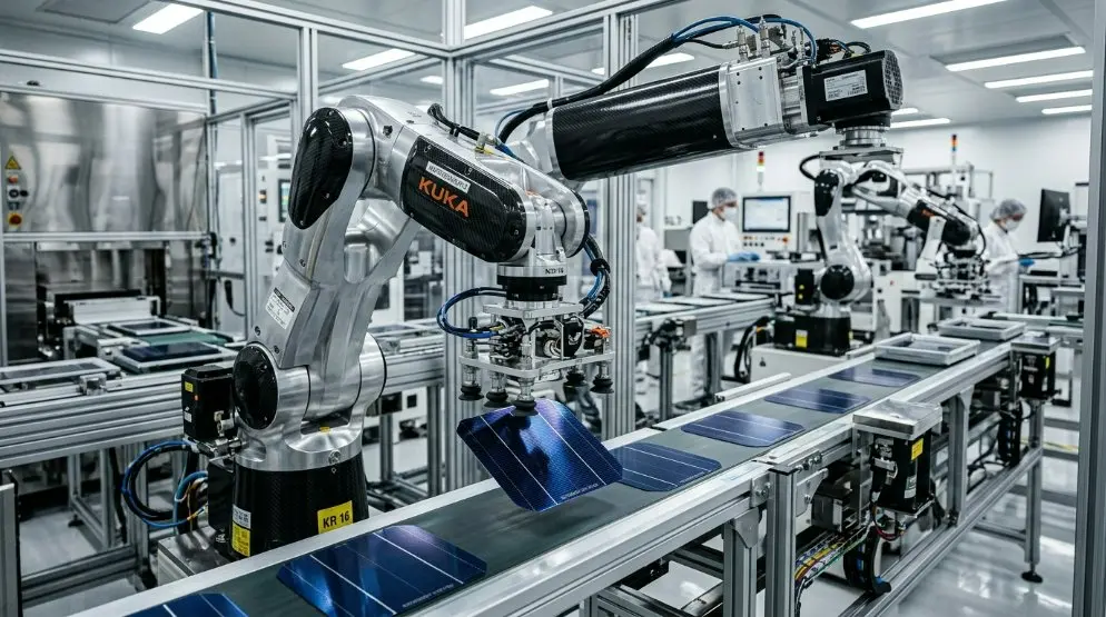 High-tech factory assembly line of monocrystalline solar panels with precision robotic arms in a cleanroom environment